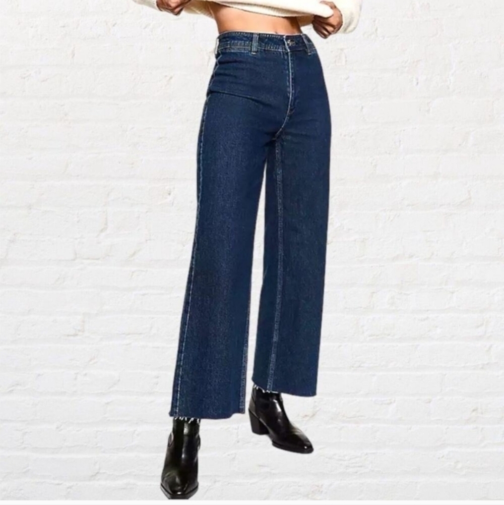 MNG Mango Catherine Wide Leg Jeans Dark Wash Raw Hems 12